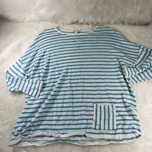 J. Jill Linen Cotton Blend Blue White Stripe Nautical Long Sleeve Top Blouse L